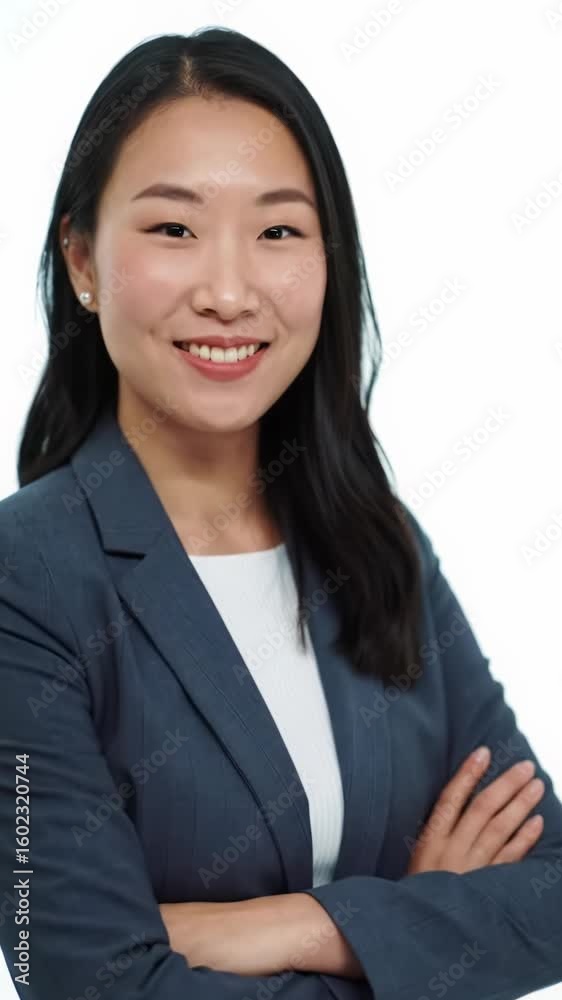 Young woman in smart-casual business attire shifts from relaxed to empowered, smiling warmly with direct eye contact as a slow push-in video frames her on a clean white background, concept of modern Young woman in smart-casual business attire shifts from relaxed to empowered, smiling warmly with direct eye contact as a slow push-in video frames her on a clean white background, concept of modern