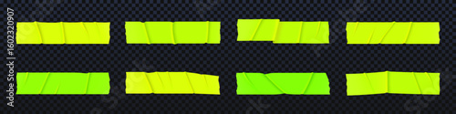 Green adhesive tape strips set with realistic wrinkles. Various shapes of lime scotch pieces. Sticky paper patches for office notes, repairs or scrapbooking projects on dark background.