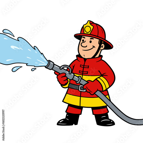 Cartoon fireman holds a hose spraying water He wears a red and yellow uniform