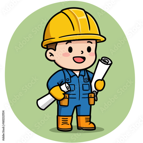 Cartoon builder with hard hat holding blueprints inside light green circle