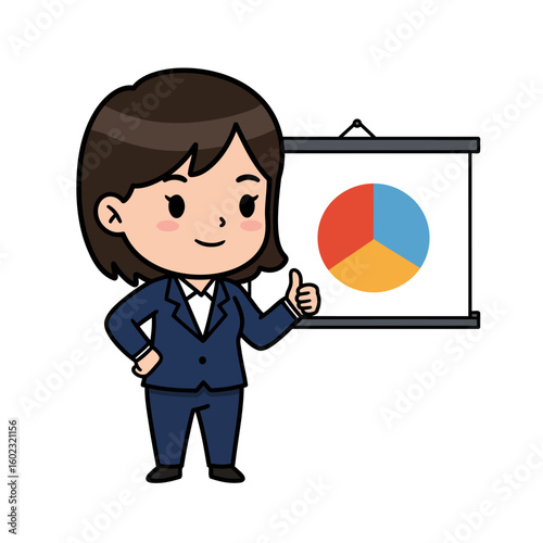 Cartoon business woman in suit gives thumbs up next to chart with pie chart
