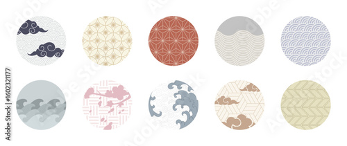 Japanese tradition circle set with ornamental patterns - clouds and waves, geometric texture borders, cherry blossoms and branches. Traditional oriental design elements for Asian decorative artwork.