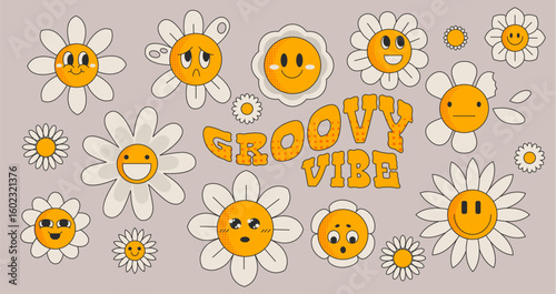 Retro groovy daisy set with cartoon flower faces showing various emotions, white petals and yellow centers. Vintage hippie style floral characters with groovy vibe for nostalgic design decorations.