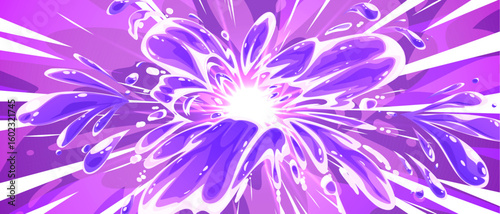 Anime explosion burst with radiant purple energy streams flowing outward from bright central core. Dynamic comic style impact of powerful blast effect spreading water waves for manga action scenes.