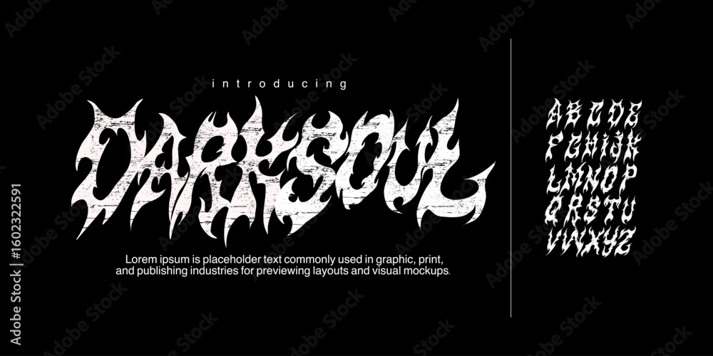 Font Darksoul. Dark Gothic font, medieval y2k alphabet, letter typography print, dark vintage scary typeface. Rock poster sign, handwritten grunge, hardcore calligraphy. Vector font design
