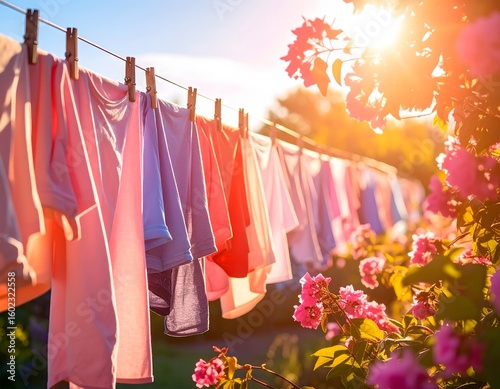 A vibrant row of colorful clothes drying on a clothesline under the bright summer sun. A picturesque garden scene with pink flowers.