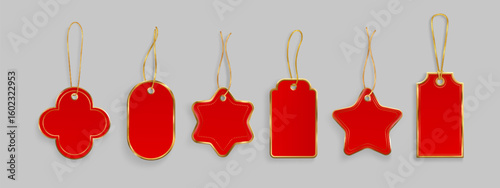 Red gift tags with gold string hanging loops - festive shapes of star and cross, oval and rectangle designs. Blank price labels for Christmas presents, retail merchandise or holiday decorations.