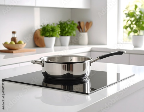 A stainless steel saucepan on a modern black induction cooktop in a bright, white kitchen. Culinary preparation and domestic lifestyle concept.
