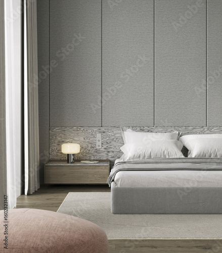 Modern hotel bedroom interior with pink pouf and figured veneer plywood