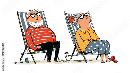Fit elderly couple relaxing outdoors in deck chairs on sunny day  