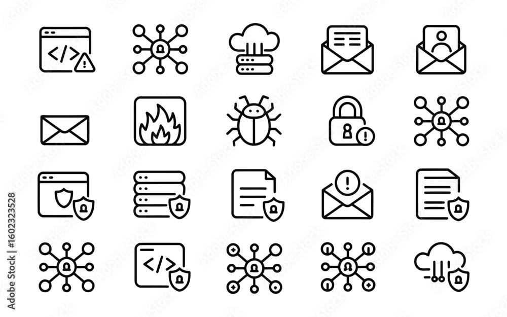 Fototapeta premium Cybersecurity & Network Protection Icons Vector Set: Data Safety, Internet Security & Threat Defense - Line Art Collection