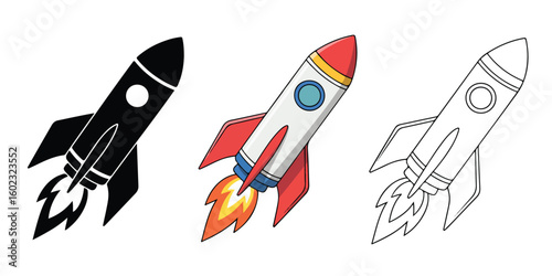 Three distinct rocket illustrations with flames and exhaust spacecraft launch