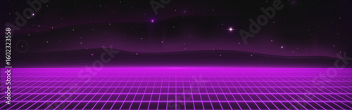 Neon purple grid floor with starry night sky - retro synthwave landscape for game bg with glowing horizon line, cyberpunk aesthetic with mountains silhouette, 80s style space and futuristic design.