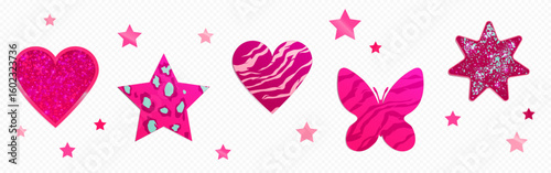 Pink y2k sticker collection with glitter heart, leopard star, zebra pattern butterfly and sparkly shapes on transparent background for digital scrapbooking. Bright nostalgic decorative elements.