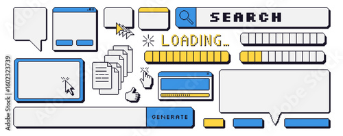 Pixel art dialog windows interfaces and speech bubbles set . 8 bit blank frames and game icons. 90s callouts and internet elements. Loading bar, search and border with cursors. Vector illustration.
