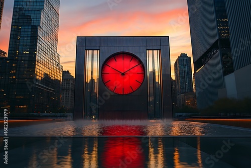 Vivid red wall clock hovering close to a modern shape