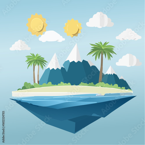 Papercraft illustration, Minimalist Paper Craft exotic Island