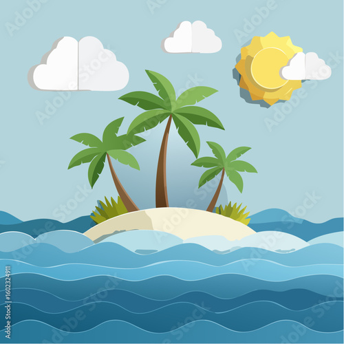 Papercraft illustration, Minimalist Paper Craft exotic Island