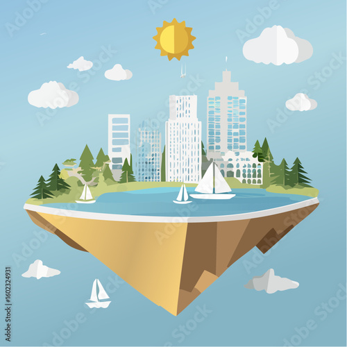 Papercraft illustration, Minimalist Paper Craft exotic Island