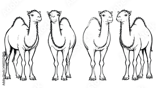 Camel Line Drawing – Minimalist Sketch of Four Desert Animals with Humps