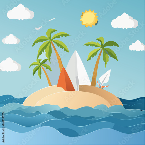 Papercraft illustration, Minimalist Paper Craft exotic Island