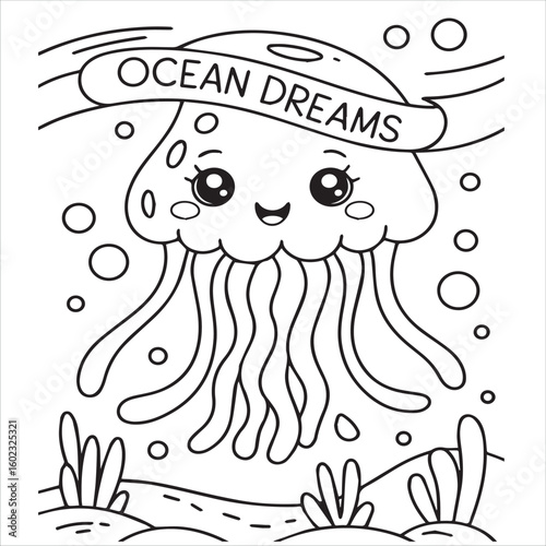 Cute kawaii jellyfish coloring page with ocean dreams banner