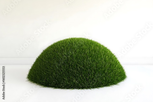A perfectly rounded mound of lush green grass on a white surface