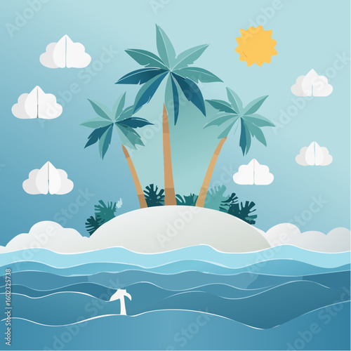 Papercraft illustration, Minimalist Paper Craft exotic Island