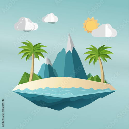 Papercraft illustration, Minimalist Paper Craft exotic Island