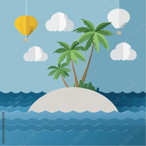 Papercraft illustration, Minimalist Paper Craft exotic Island