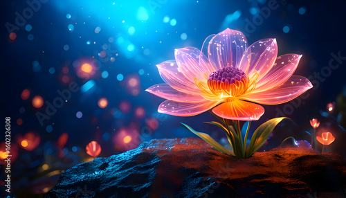 A glowing lotus flower amidst a mystical, illuminated environment.