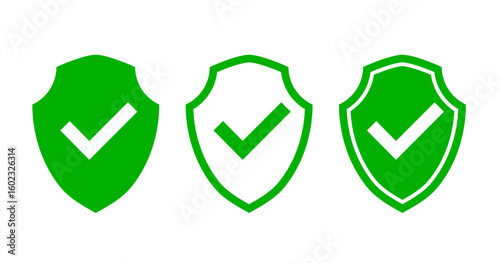 Shield and check mark icon set, clean vector collection of security and approval symbols for user interface, apps, and informative design.