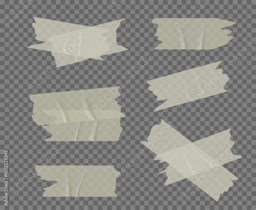 Set of realistic torn adhesive tape pieces in various shapes. Transparent, masking, duct, and sticky strips for notes, decoration, or photo overlay. Isolated vector design.