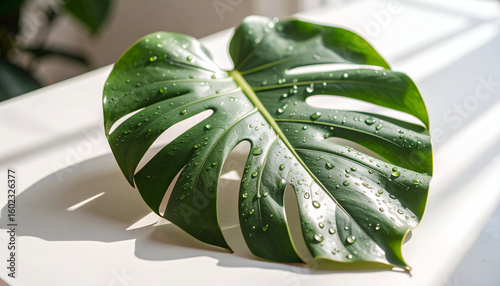 A large green monstera leaf with water droplets resting on a bright surface.