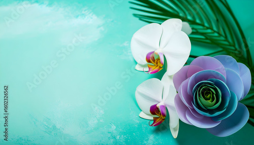 A serene arrangement of flowers on a teal background, evoking calmness and beauty.