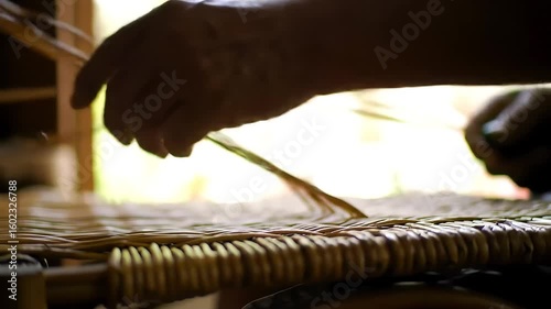 Skilled hands meticulously weave natural reeds, expertly crafting the intricate seat of a rustic wicker chair, showcasing traditional craftsmanship.