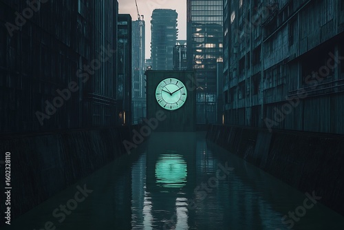 Subtle green-toned clock placed deep within a narrow slot