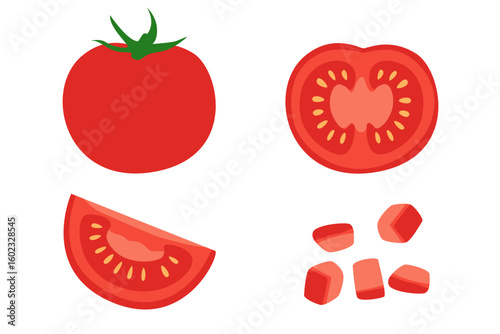 Fresh Tomato in Whole, Half, Slice, and Diced Cuts, Flat Vector Set of Red Tomato in Different Preparation Styles for Cooking and Recipe Design
