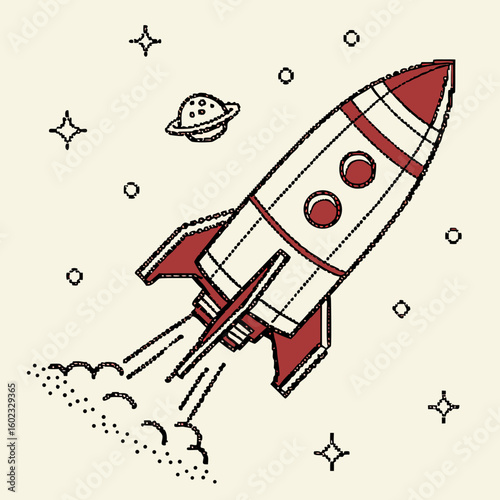 Pixelated Rocket Ship Retro 8-Bit Style Vector Illustration Isolated