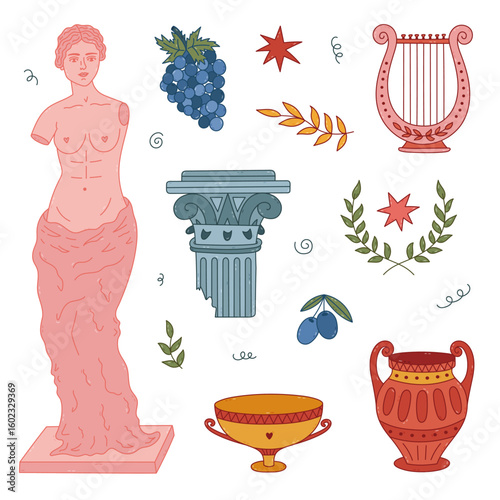 Lovely doodle antique Greek set with medieval empire symbols, marble mythological figure, ruined pillar, ornate Hellenic amphora, harp, laurel. Hand drawn pastel colored historical Greece doodle