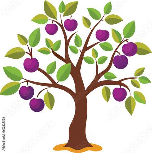 Stylized cartoon plum tree with purple fruit and green leaves on white background fruit tree