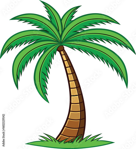 Cartoon palm tree with green fronds and brown trunk on grass tropical nature