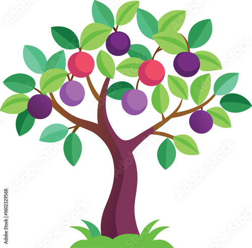 Flat design plum tree with purple and red fruits and green leaves on white background fruit tree purple fruit