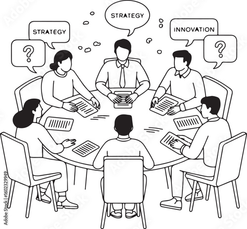 Minimalist Geometric Teamwork Icons – Shapes Engaged in Dialogue Around Table with Speech Bubbles and Interaction Symbols