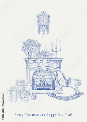 Christmas vintage composition interior with fireplace, rocking horse clock candlestick gifts socks poinsettia. Blue beige. Hand drawn Toile Vector illustration for design greeting card, decor new year