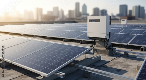 Sunlit solar modules and inverter set against an industrial rooftop background.