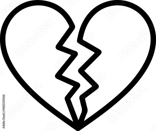 Simple hand drawn black outline of a broken heart symbol on a white background