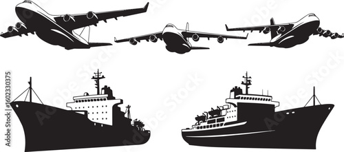 Aircraft and Ships Silhouettes airplane cargo plane, airplane, aircraft, cargo plane, jet, ship, vessel, maritime, transportation, travel, aviation, nautical, transport, silhouette, black and white, g