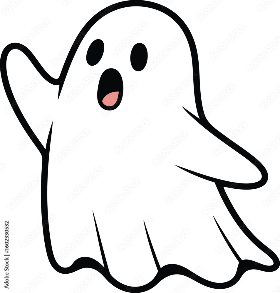 Obraz premium A cartoon ghost with a surprised expression and arms raised, outlined in black on a white background