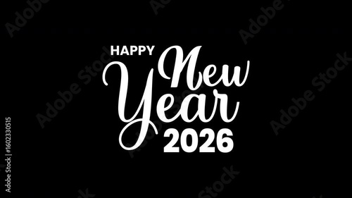 Animated Happy New Year 2026 Text in White Color. Alpha Channel. Happy New Year 2026 Animation	